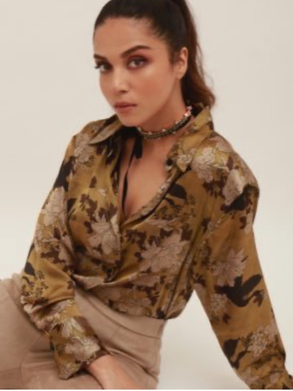 Zara Olive Floral Satin Button-Down Blouse